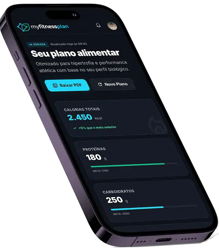 Interface do aplicativo MyFitnessPlan mostrando plano alimentar personalizado em um iPhone